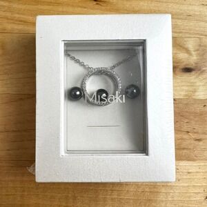 Misaki Pearl Stud Earrings and Crystal Ring‎ Pendant Necklace Set NEW in BOX